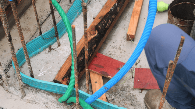 Construction site with pipes and rebar
