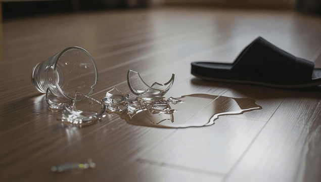 Broken glass with spilled water on the floor