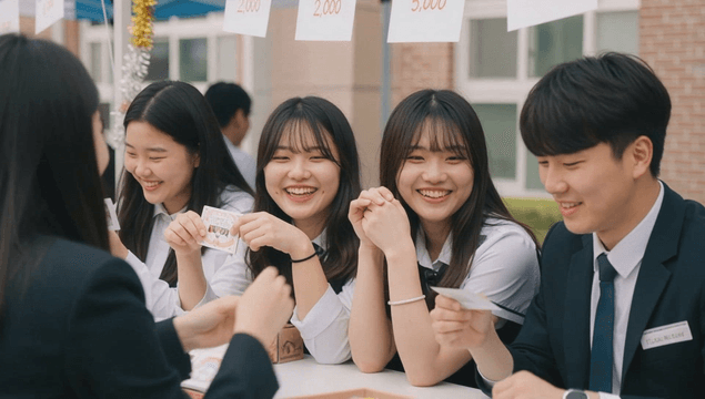 Students enjoying school festival booths