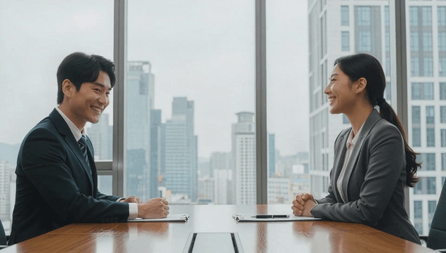 Business handshake in high-rise office