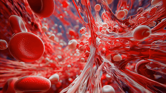 Detailed view of blood cells and fibers