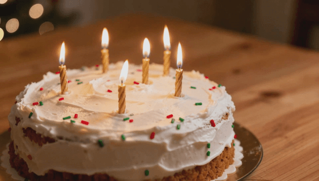 테이블 위에 촛불이 켜진 크리스마스 케이크