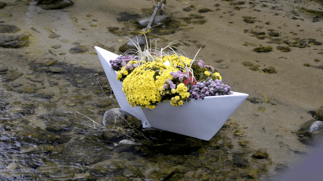 Paper boat planter filled with colorful flowers above creek water