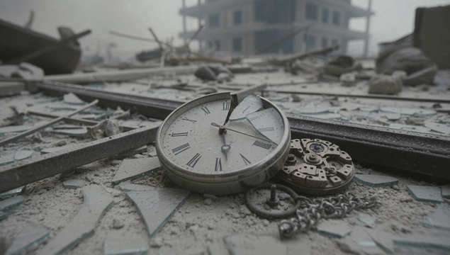Broken clock amidst ruins