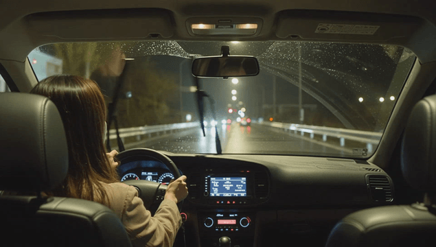 Night drive on a rainy road