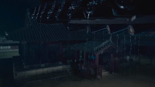 Rain falling on a traditional Korean house