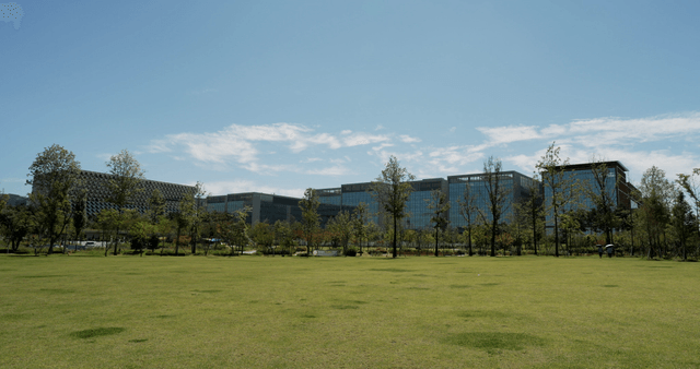 Green lawn in front of modern buildings