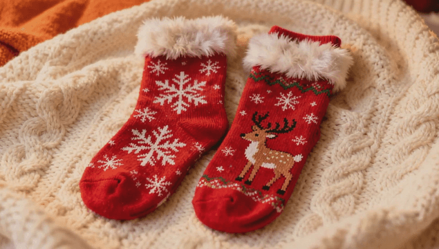 따뜻한 니트 담요 위의 빨간 크리스마스 양말