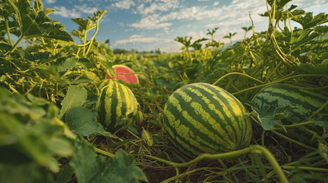 Watermelons growing in a sunny field