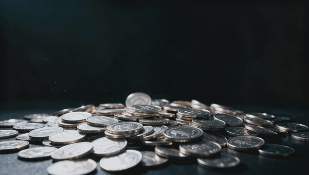 Many coins falling and piling up