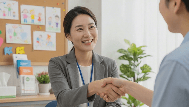 Mother meeting child counselor with handshake