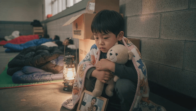 Child holding a teddy bear in a shelter