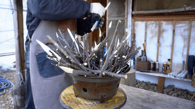 Wood artisan organizing sticks and pencils in container