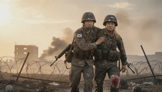 Soldiers helping each other in a war zone