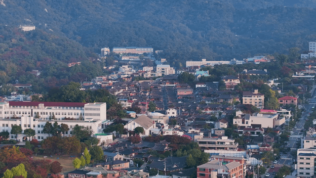 Traditional hanok and modern buildings blended village view