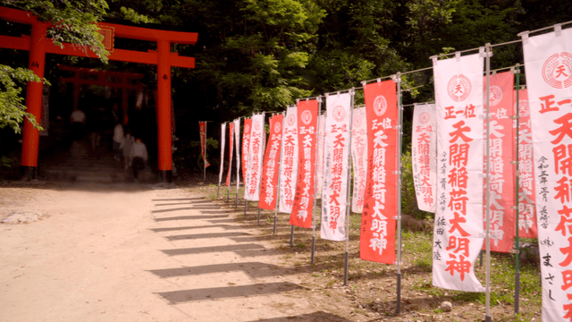 Path with red flags leading to Japanese shrine