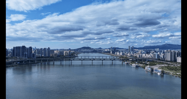 Wide Han River flowing through modern Seoul cityscape
