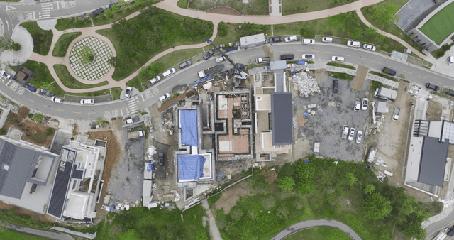 Construction site with buildings and equipment