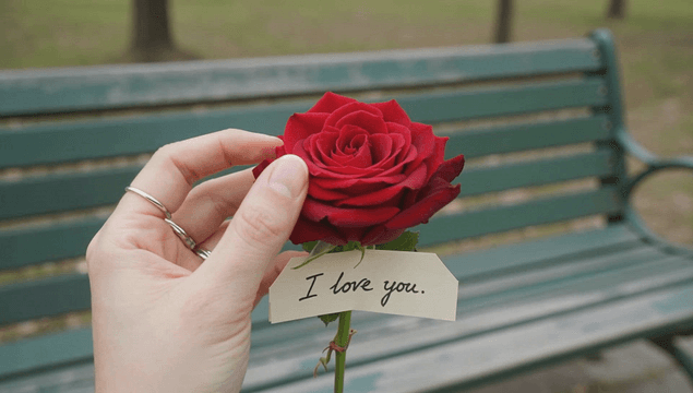 Hand holding a rose with a love note