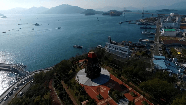 Coastal city with a windmill park