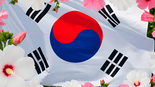 Korean flag surrounded by hibiscus flowers