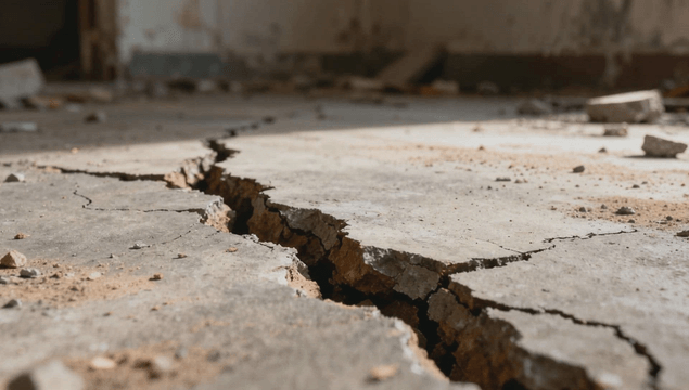 먼지가 날리는 균열된 콘크리트 바닥