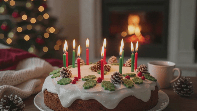 벽난로 옆 촛불이 켜진 크리스마스 케이크