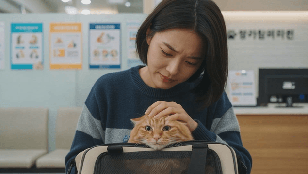 Young woman gently petting cat waiting at animal clinic