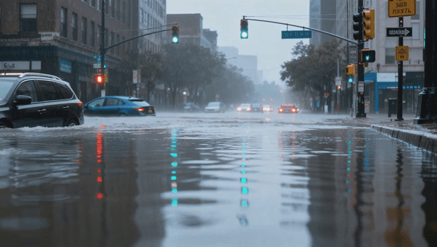 Cars driving through flooded road after heavy rain