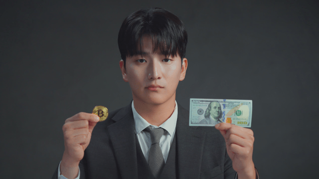 Man smiling at the Bitcoin in his hand