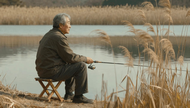 Old man fishing at a calm autumn lake