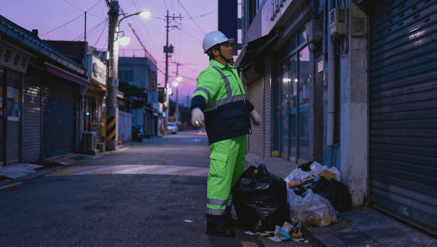 Sanitation worker stretching on a quiet dawn street