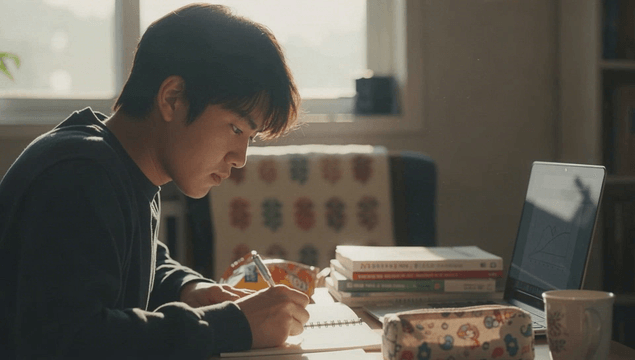 Young man studying with laptop