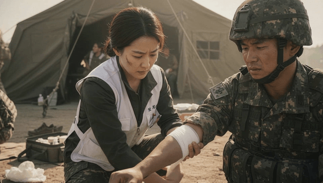Army surgeon tending to a soldier's wound in a military camp