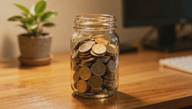 Glass jar filled with coins on a wooden desk in the study