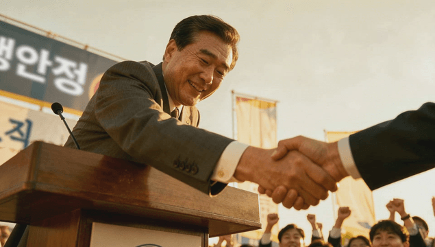 Politician shaking hands at a public event with a speech