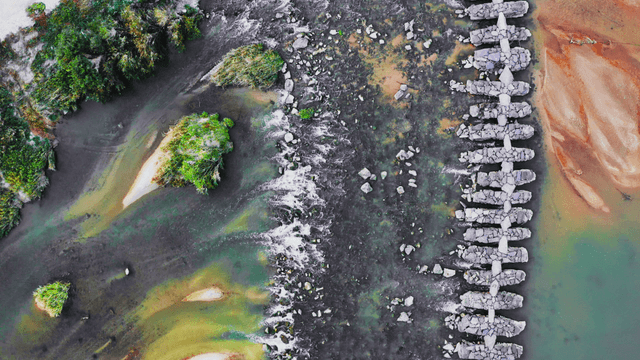 Aerial view of a river with rocks and greenery