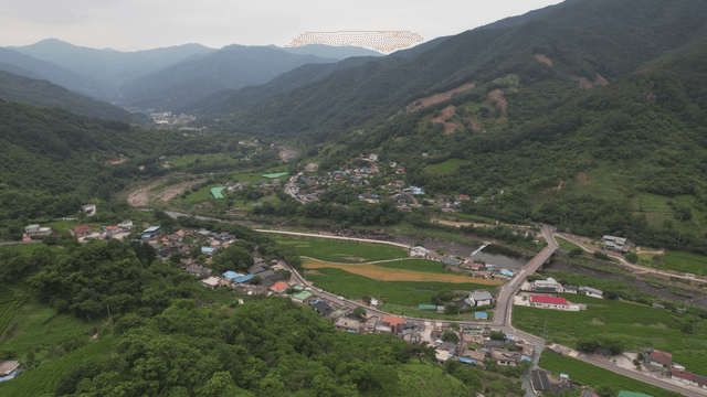 시골 마을과 밭을 둘러싼 푸른 산