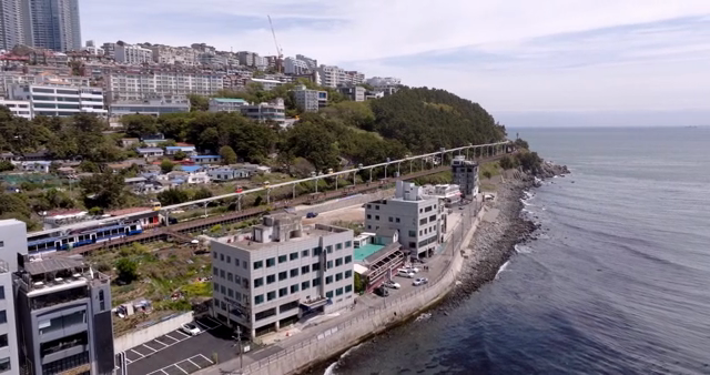 Coastal cityscape with modern buildings