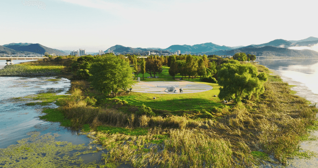 View of a lakeside small park