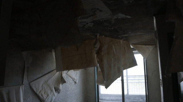 Abandoned room with peeling wallpaper