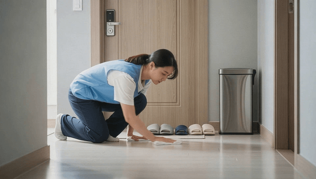 Female cleaning the floor with a hand cloth in the hallway