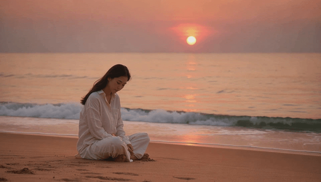 Female resting on sunset beach