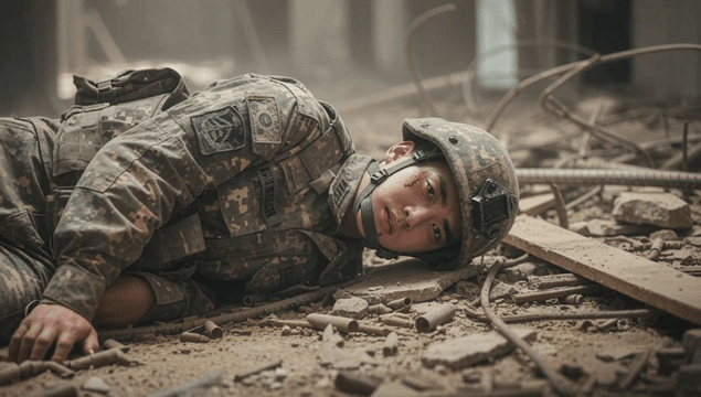 Soldier lying on the rubble of a battlefield