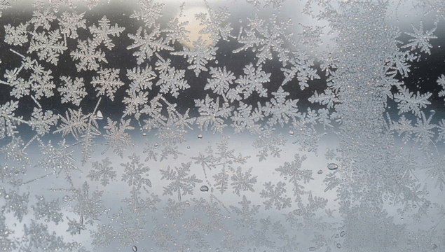 창문에 맺힌 복잡한 서리 패턴