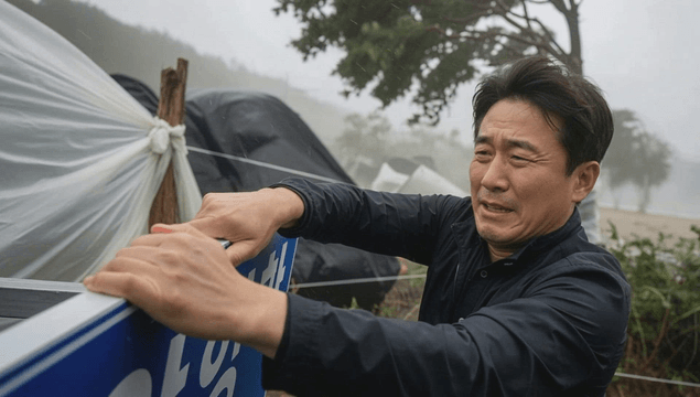 Man hanging onto signboard in typhoon winds