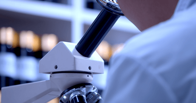 Scientist examining a sample under a microscope from behind