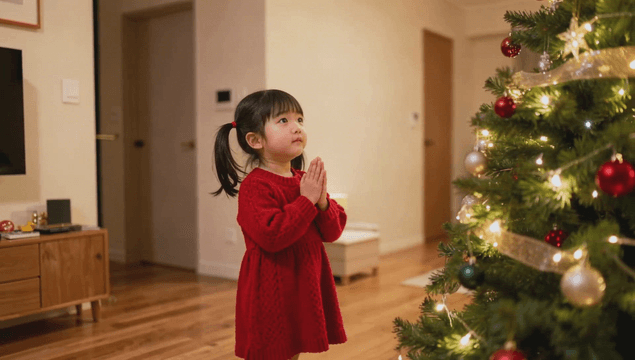 장식된 크리스마스 트리를 바라보는 여자아이