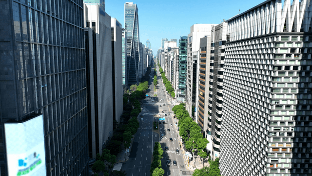 A bustling city road with skyscrapers