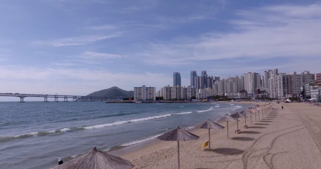 A beach with city skyline and bridge